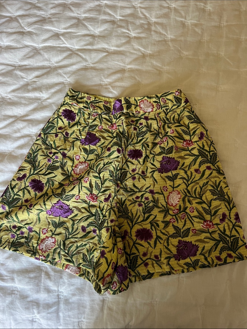 Anthropologie High-Waist Floral Brocade Shorts in Yellow and Purple